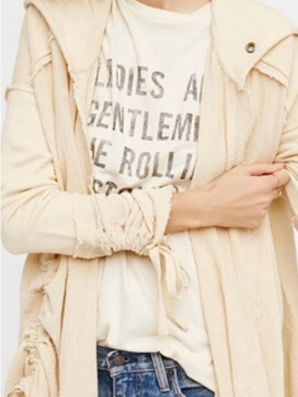 Free People Cream Hooded Sweatshirt S French Terry Gauze Raw Edges Streetwear